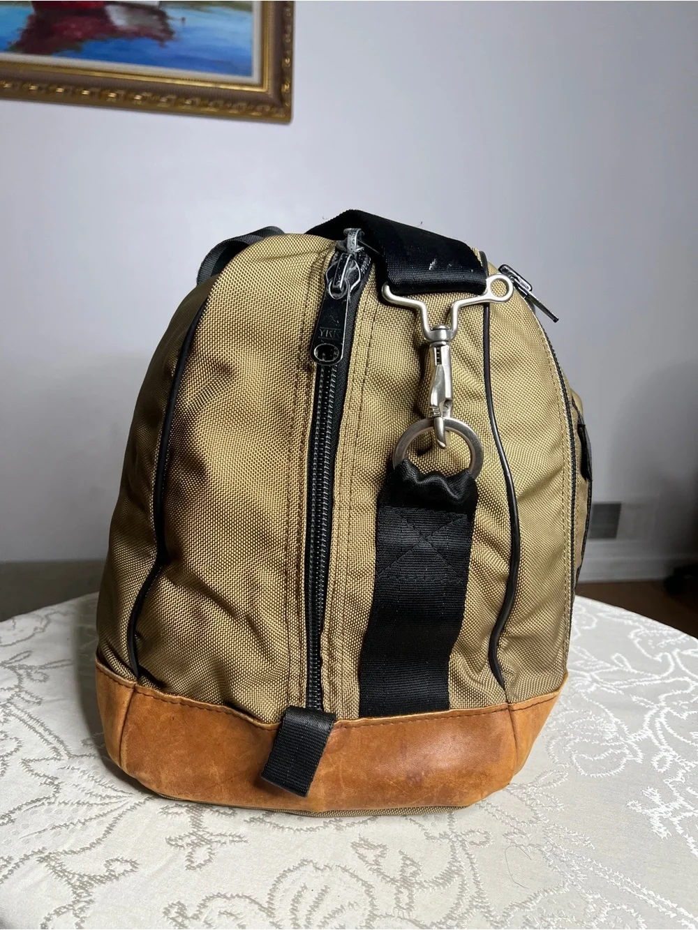Vintage Athalon Khaki Canvas & Leather Trim Duffel Bag with Black Strap
